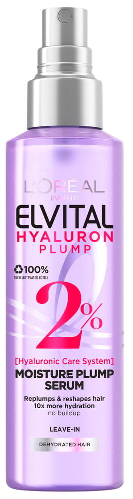 Lila Elvital Hyaluron Plump Hiusseerumi 150 ml suihkepullo hopeisella korkilla.