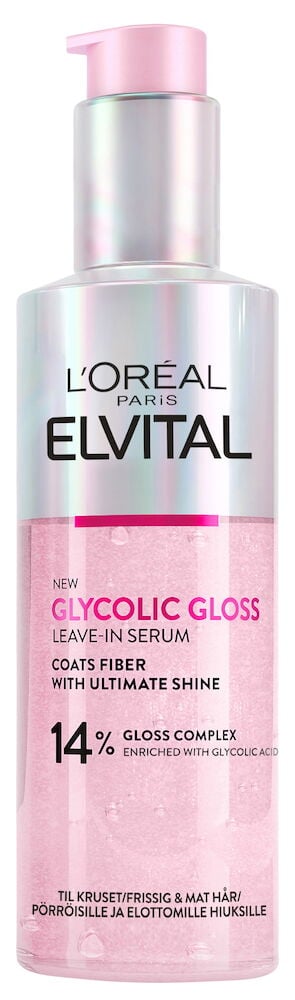 Rosa flaska Elvital Glycolic Gloss hårserum pump.