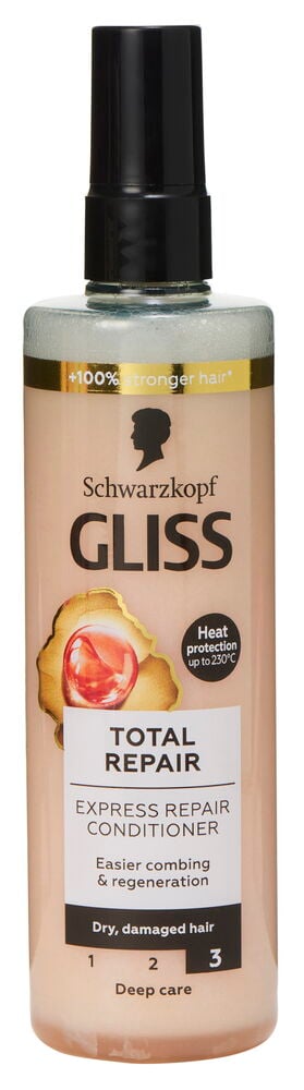 Beige sprayflaske med svart lokk og etikett foran.