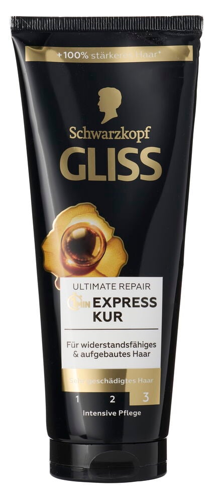 Schwarze Tube Haarkur Gliss 200 ml 1-Minute Express Kur Ultimate Repair mit goldener Schrift und weißem Etikett.