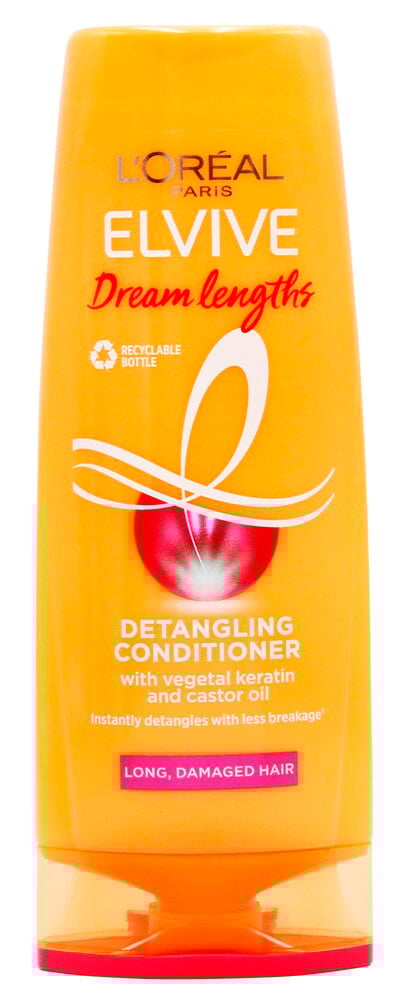 Pflegespülung L´Oréal Elvive 300 ml Dream Lengths in gelber Flasche mit rotem Boden, Vorderansicht.