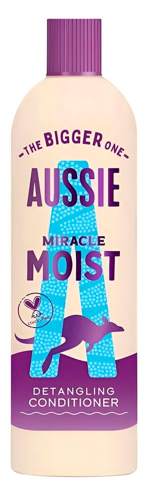 Kremfarget flaske Aussie Miracle Moist Balsam med lilla ribbet lokk og kengurugrafikk.
