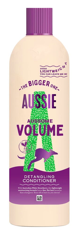 En kremfarget flaske Balsam Aussie 400 ml Volume med lilla kork og etikett, sett forfra.