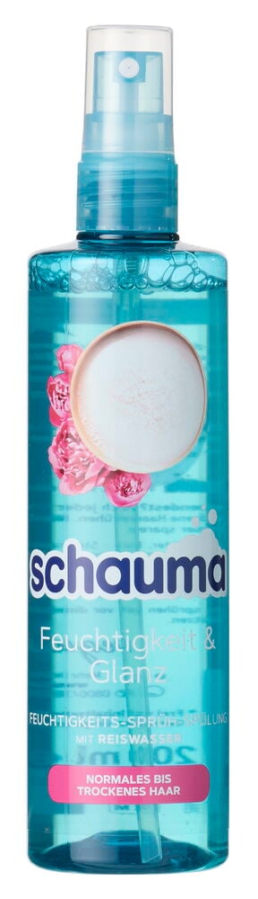 Eine blaue transparente Sprühbalsamflasche mit rosa Blumen und weißem Schaumkreisdesign auf dem Etikett.