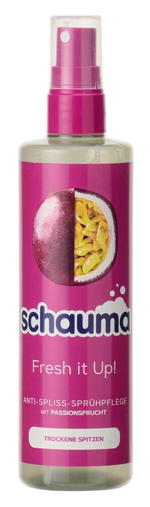 Eine leuchtend pinke und graue Schauma Fresh it Up Sprühbalsamflasche mit transparenter Kappe und Passionsfruchtetikett.