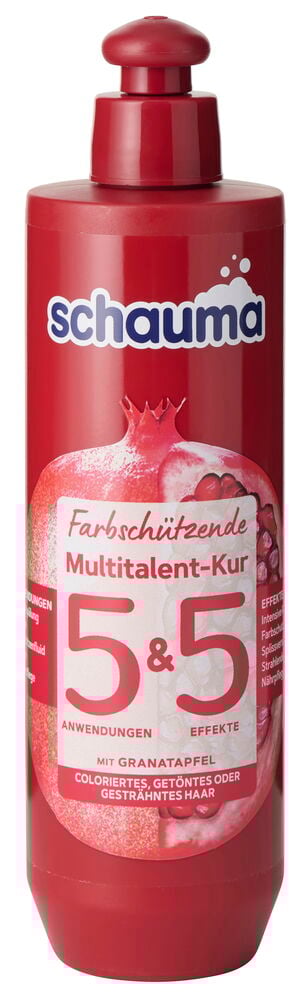 Rote Schauma Haarmaske 300ml Flasche mit Pumpe, mit Granatapfel und dem Text „5&5 Multitalent-Kur“.