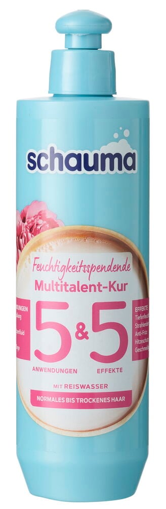 Hellblaue Schauma 5&5 Feuchtigkeitsspendende Multitalent-Kur Haarmaske Pumpflasche mit rosa Blumendetail, Vorderansicht.
