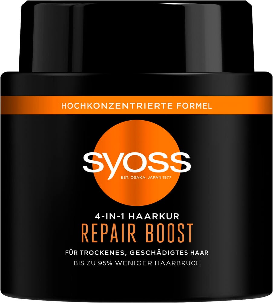 Haarmaske Syoss 500 ml Repair: eine schwarze Dose mit einem orangefarbenen Etikett mit weißer Schrift, Vorderansicht.