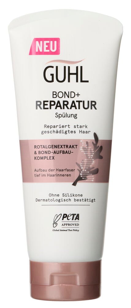 Pflegespülung Guhl 200 ml Bond+ Reparatur, eine weiße Tube mit roségoldenem Verschluss und Produktinformationen.