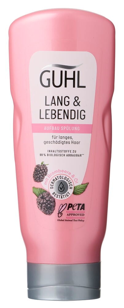 Eine pinke Guhl 200 ml Lang & Lebendig Pflegespülung Flasche mit weißem Etikett und silbernem Verschluss, Vorderansicht.