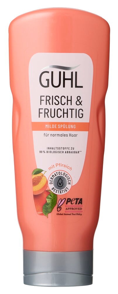 Pflegespülung Guhl 200 ml Frische & Leichtigkeit, eine pfirsichfarbene Flasche mit grauem Verschluss und Pfirsichetikett.