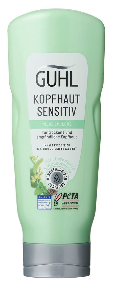 Vorderansicht der Pflegespülung Guhl 200 ml Kopfhaut Sensitiv in hellgrüner Flasche mit grauem Deckel.