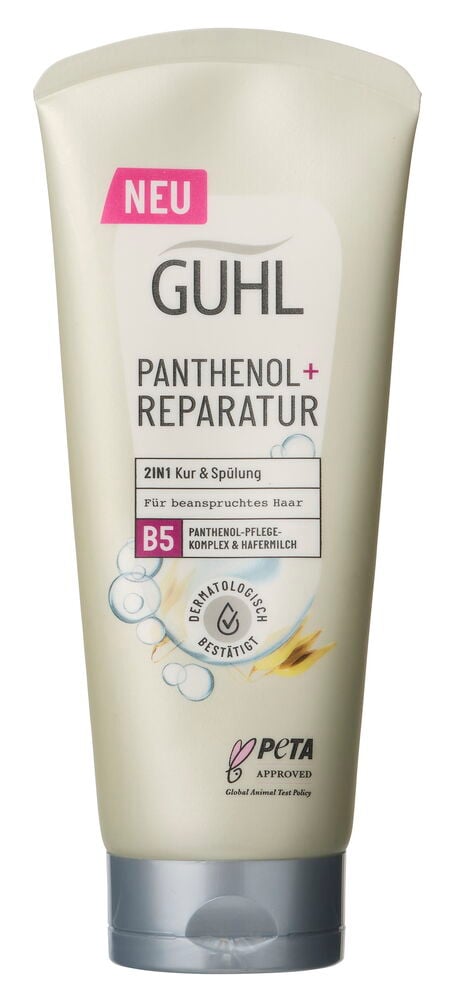 Eine Frontansicht einer cremefarbenen Tube Guhl Panthenol + Reparatur Pflegespülung mit silbernem Verschluss.