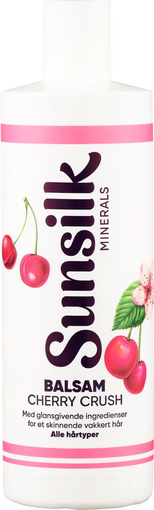 Hvit Balsam Sunsilk Minerals 400 ml Cherry Crush flaske med lilla tekst og kirsebærillustrasjoner.