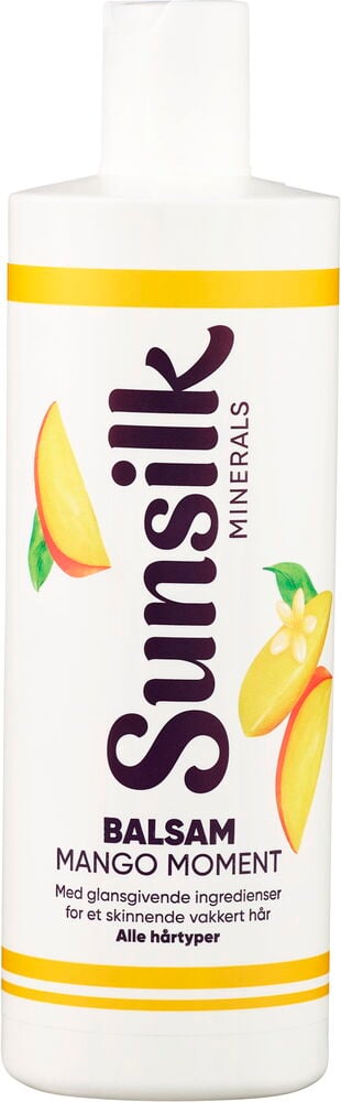 Hvit Sunsilk Minerals 400ml Mango Moment balsamflaske med gult lokk og mangografikk.