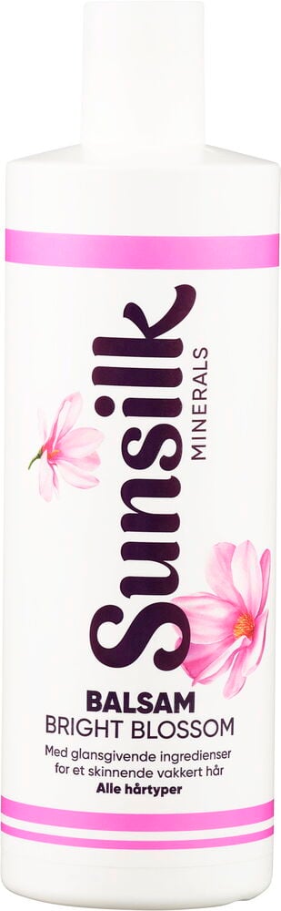 Hvit Sunsilk Minerals 400 ml Bright Blossom balsamflaske med rosa detaljer og blomster.
