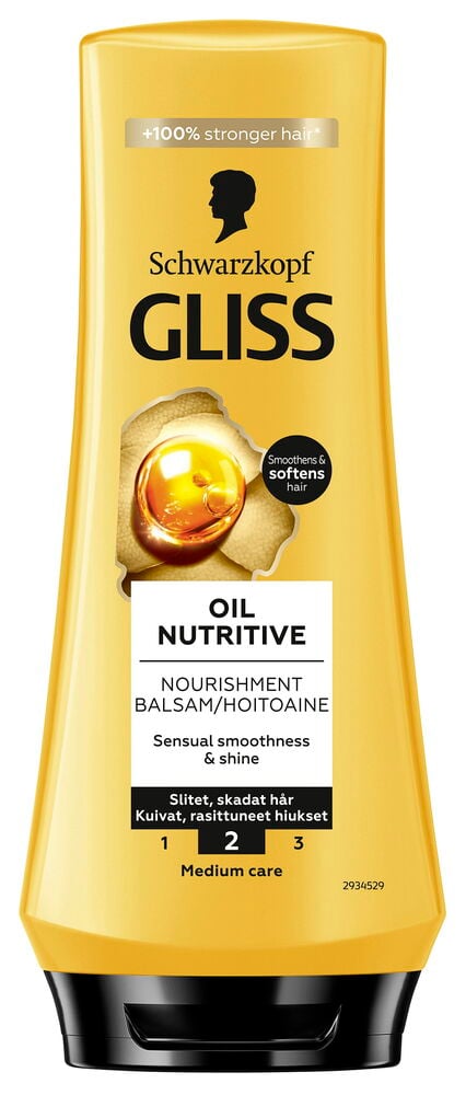 Balsam Gliss 200 ml Oil Nutritive i gul flaska med svart kork och bas, framifrån.