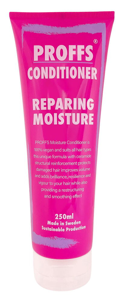 En rosa klämflaska Balsam Proffs 250 ml Repairing Moisture med vitt lock.