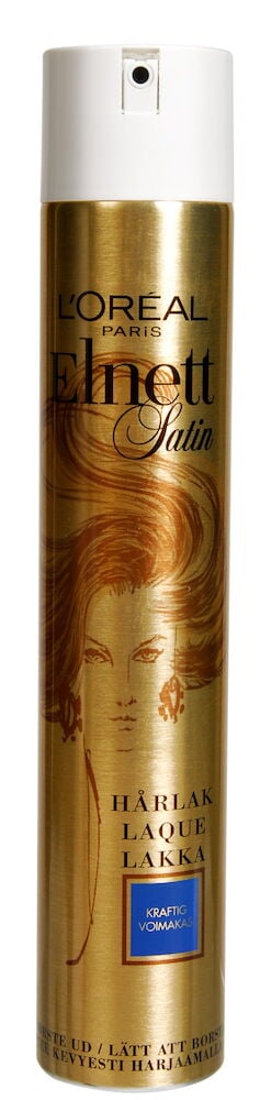 Guldfärgad hårsprayburk med vit plastkork.