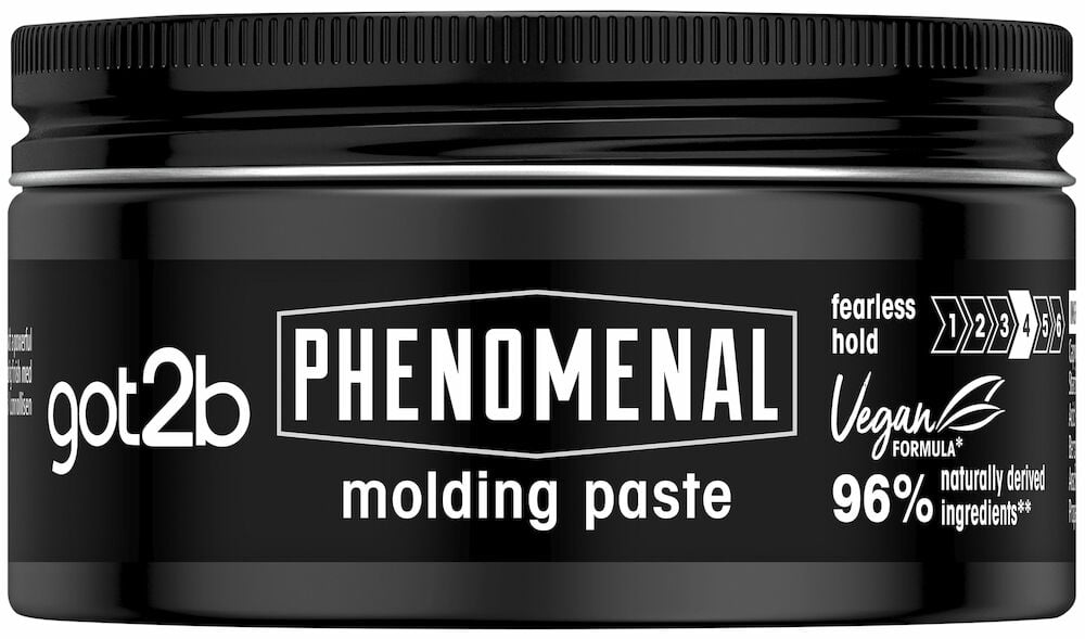 Svart burk got2b PHENOMENAL hårvax med vit text.