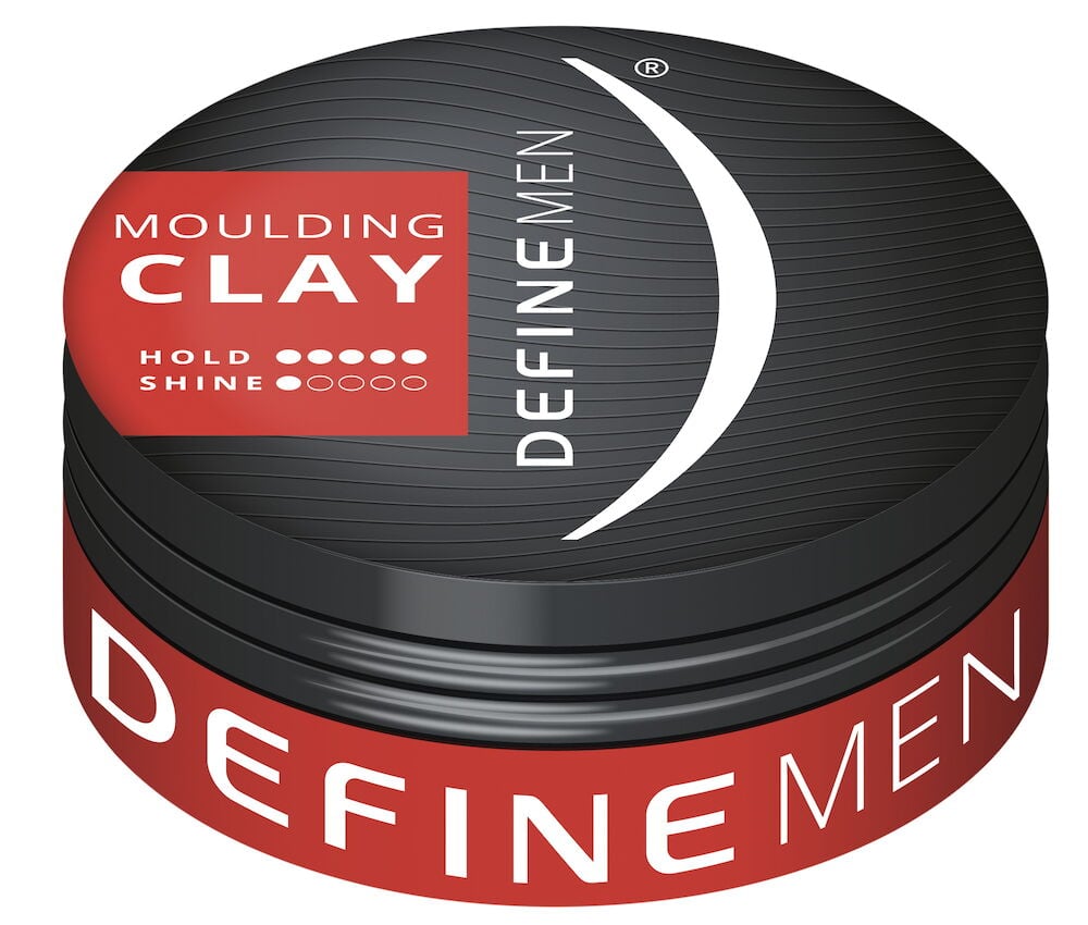 Svart rund boks med rød etikett Define Men.