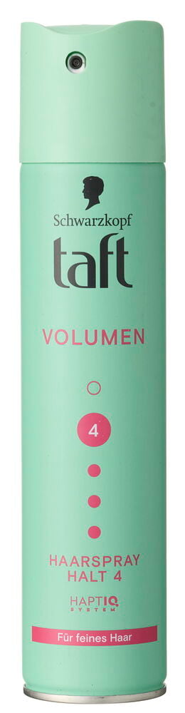 Eine hellgrüne Haarspray Taft 250 ml Volumen Halt 4 Dose mit rosa Schrift und Details, Vorderansicht.