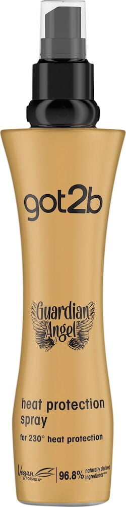 Gul sprayflaska med svart pump för värmeskydd.