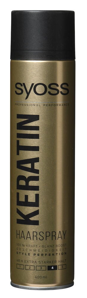 Haarspray Syoss 400 ml Keratin, eine goldene Sprühdose mit schwarzer Kappe, zeigt Haltgrad 4.