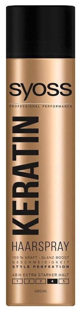 Haarspray Syoss 400 ml Keratin in einer hohen, metallisch-goldenen Sprühflasche mit schwarzer Kappe und Text.