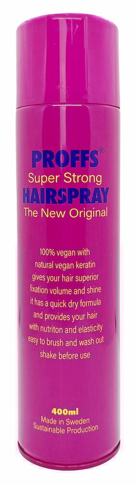 Rosa hårsprayburk med text och gult lock.