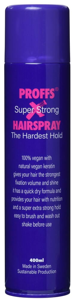 Lila hårsprayburk med rosa och vit text.