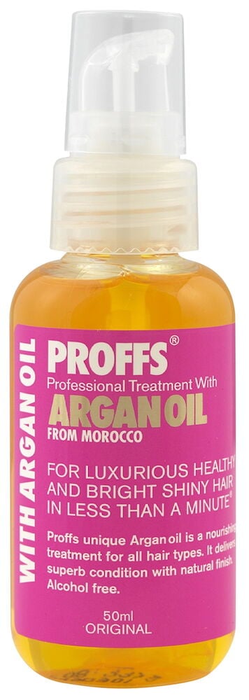 Flaska med pump och rosa etikett hårolja.