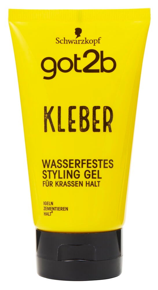 Eine gelbe Tube Kleber wasserfestes Stylinggel mit schwarzer Kappe, Vorderansicht.