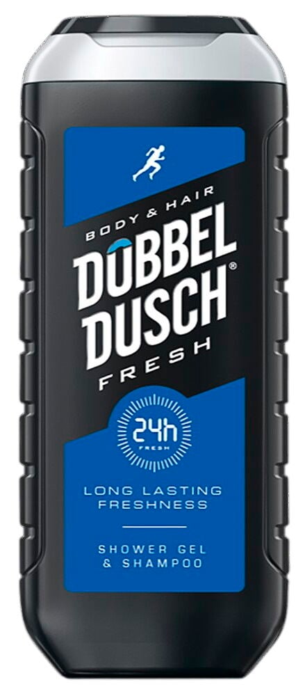 Svart plastflaska med etikett för duschgel och schampo.