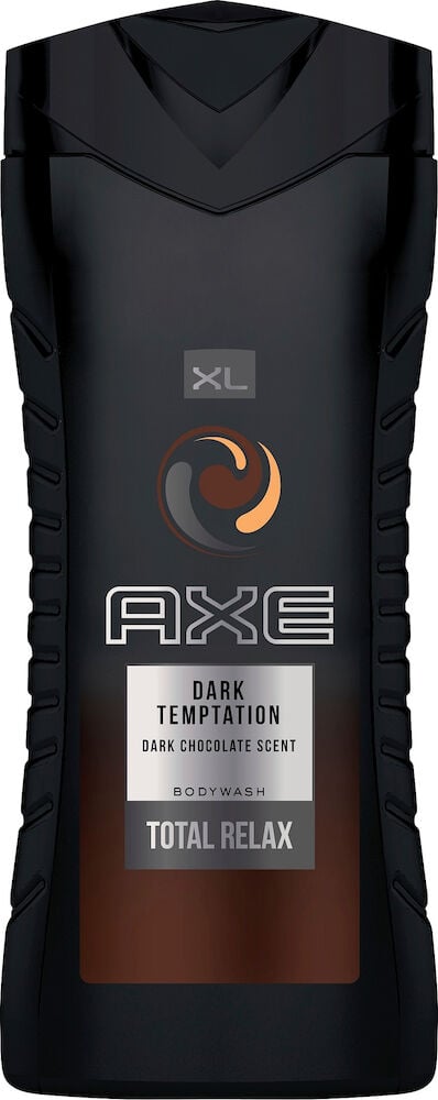 Schwarze Duschgelflasche mit Etikett Axe Dark Temptation.