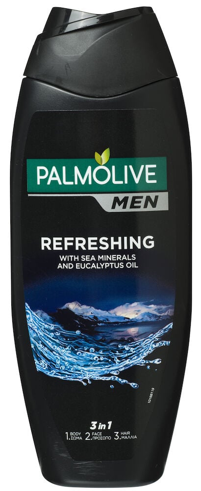 Schwarze Flasche Palmolive Men Duschgel mit blauem Wellenmotiv.