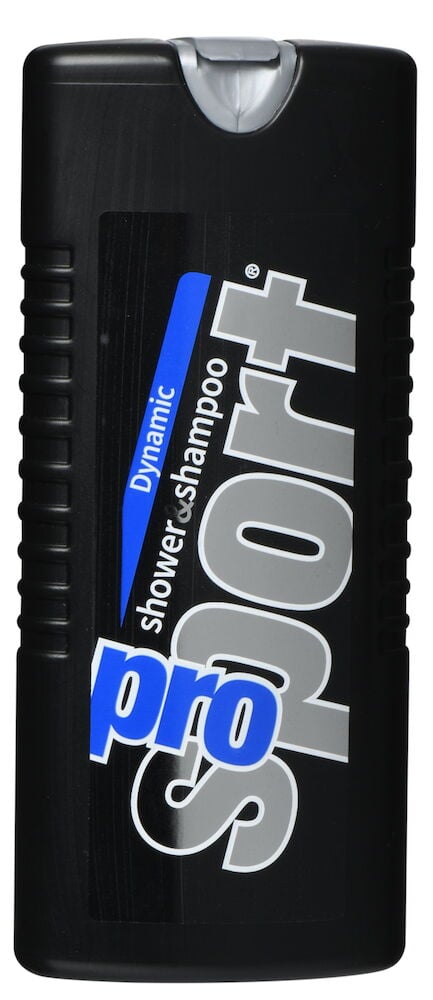 Schwarze Plastikflasche mit Etikett Pro Sport Duschgel.