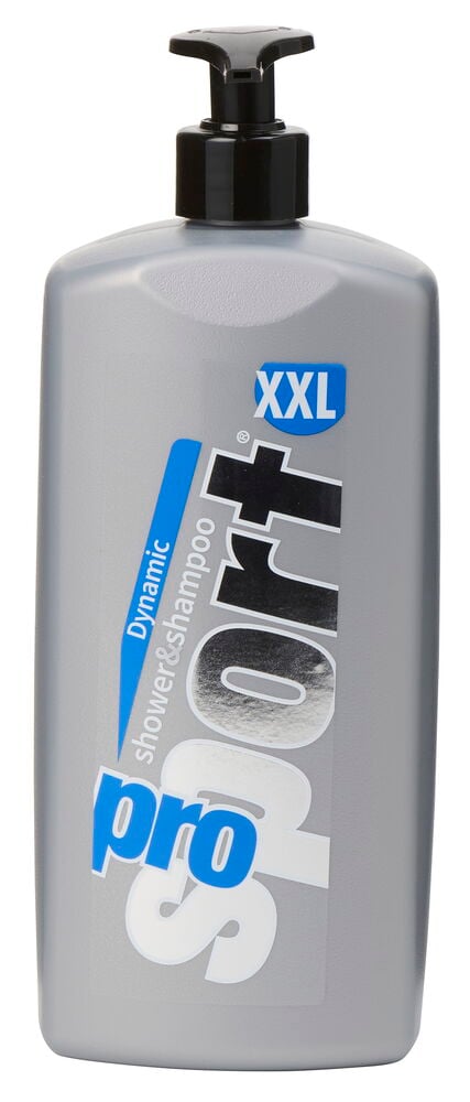 Eine graue Dusche & Shampoo Pro Sport 1000 ml Dynamic Flasche mit schwarzem Pumpverschluss.