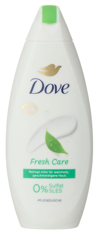 Weiße Dove Fresh Care Duschcreme 250 ml Flasche mit grünem Verschluss und Blattmotiv.