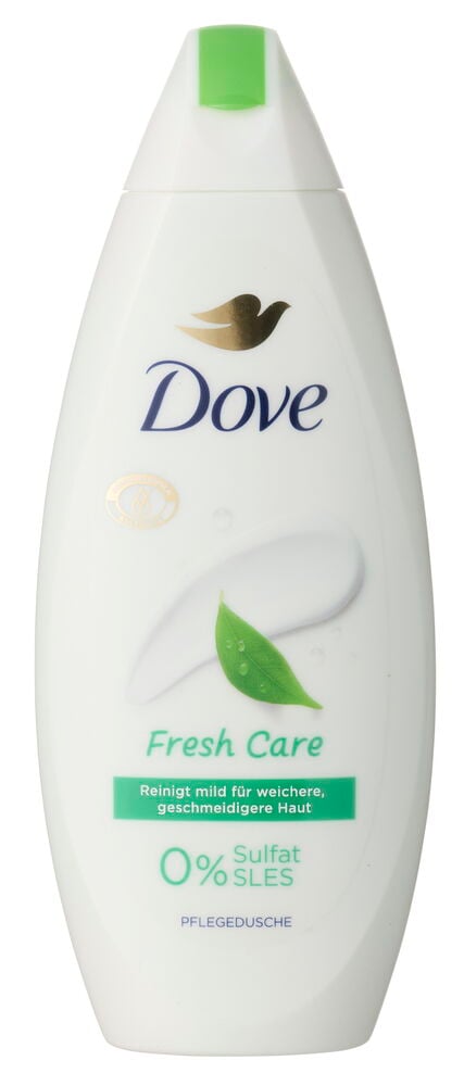 Weiße tropfenförmige Duschcremeflasche mit grünem Klappverschluss und Fresh Care-Etikett.