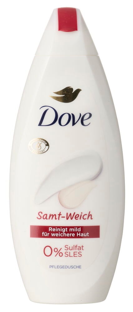 Weiße tropfenförmige Duschcreme Dove Samt-Weich Flasche mit rotem Verschluss und Cremegrafik.