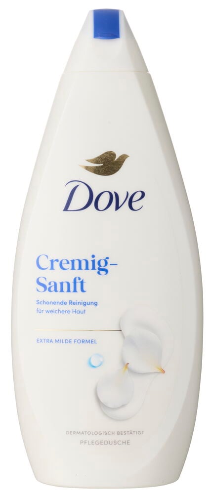 Weiße Dove Cremig Sanft extra mild Duschcreme Flasche mit blauem Verschluss, frontal abgebildet.