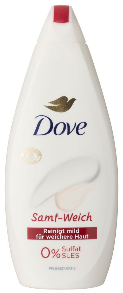 Duschcreme Dove 720 ml Samt-Weich in einer weißen Flasche mit rotem Verschluss, goldener Logo und zwei Cremeproben.