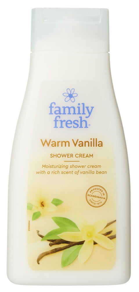 Vit plastflaska duschcreme Family Fresh Warm Vanilla.