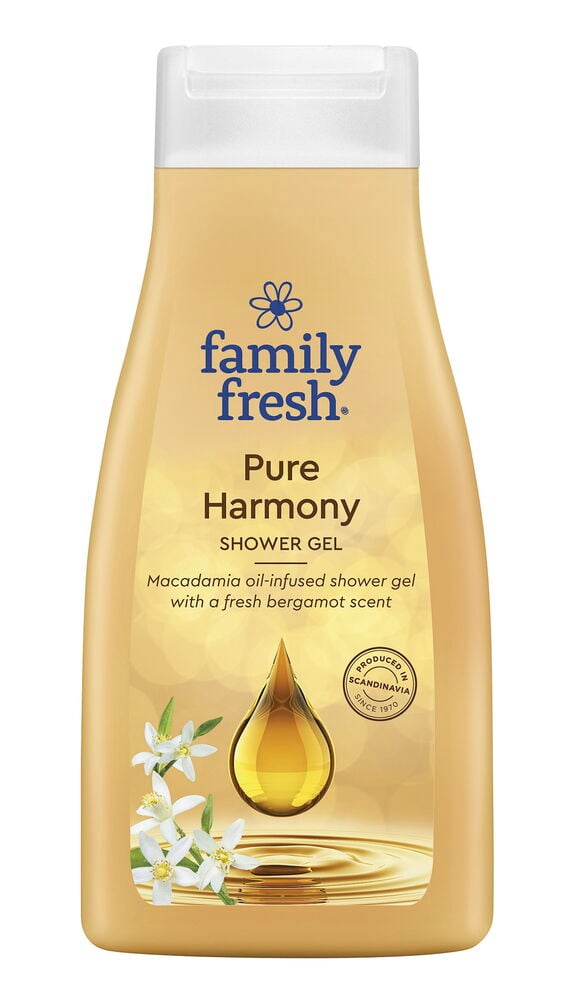 Kultainen 500 ml Family Fresh Pure Harmony suihkusaippuapullo valkoisella korkilla.