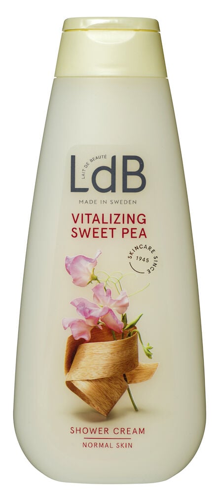 Plastflaska med flipkork och rosa luktärt motiv.