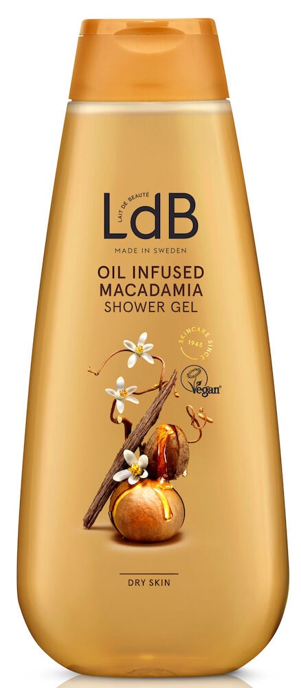 Gul plastflaska duschcreme med macadamia och blommor.