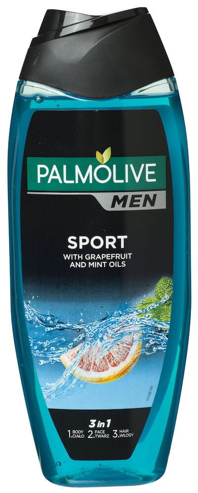 Blaue Flasche Palmolive Duschcreme für Männer Sport.