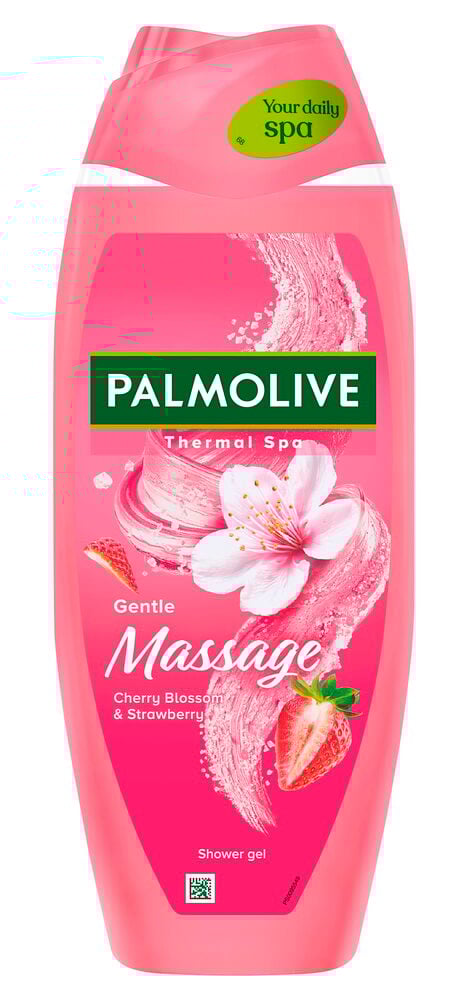 Rosa Palmolive 500ml Thermal Spa Gentle Massage dusjkrem med kirsebærblomst og jordbær på etiketten.