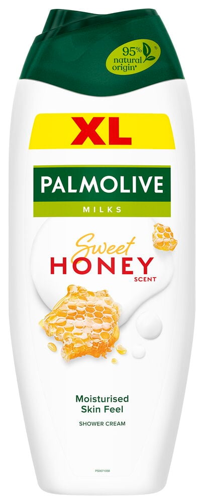 Weiße Flasche Palmolive Duschcreme mit Honigwabenmotiv.